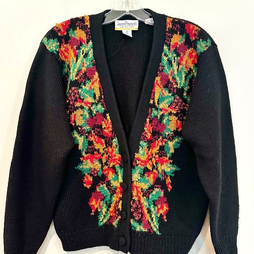 Jason Prescott Vintage Wool Cardigan Women's Medium Black Floral Y2K Hand Knit‎